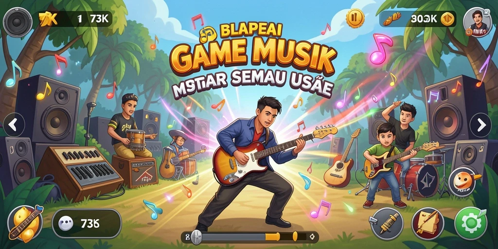 Tampilan gameplay 73K dengan berbagai fitur musik yang menarik.