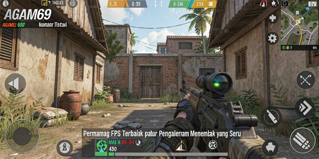 Tampilan gameplay AGAM69 menunjukkan aksi menembak yang intens.