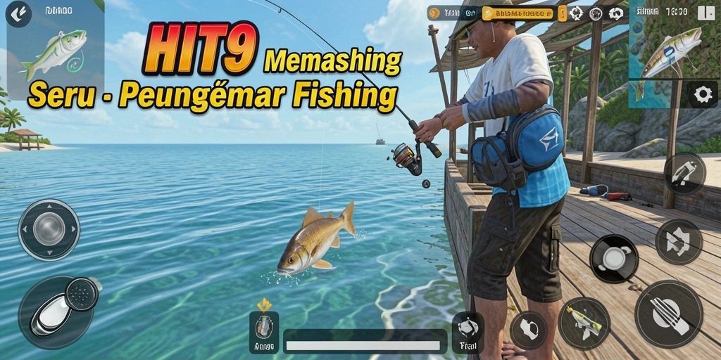 Screenshot HIT9 menampilkan momen seru saat menangkap ikan di laut.