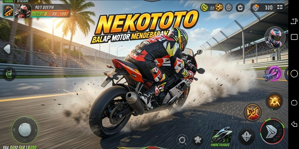 Screenshot gameplay NEKOTOTO yang mendalam dan menantang saat balapan motor.