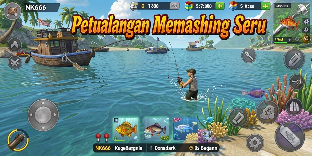 Screenshot gameplay NK666 menampilkan aksi memancing seru di lokasi yang indah.