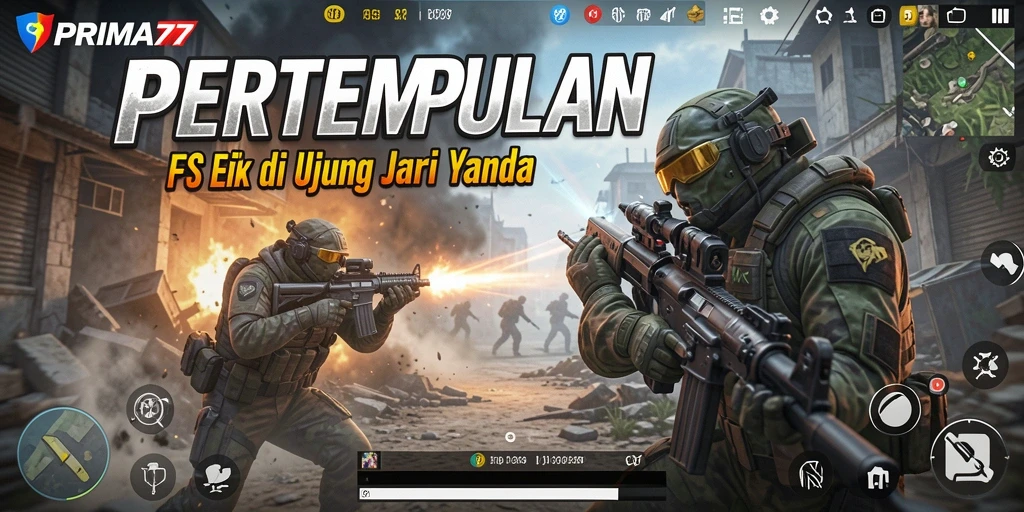 Tangkapan layar utama PRIMA77 menampilkan aksi tembak-menembak yang intens dan mendebarkan.