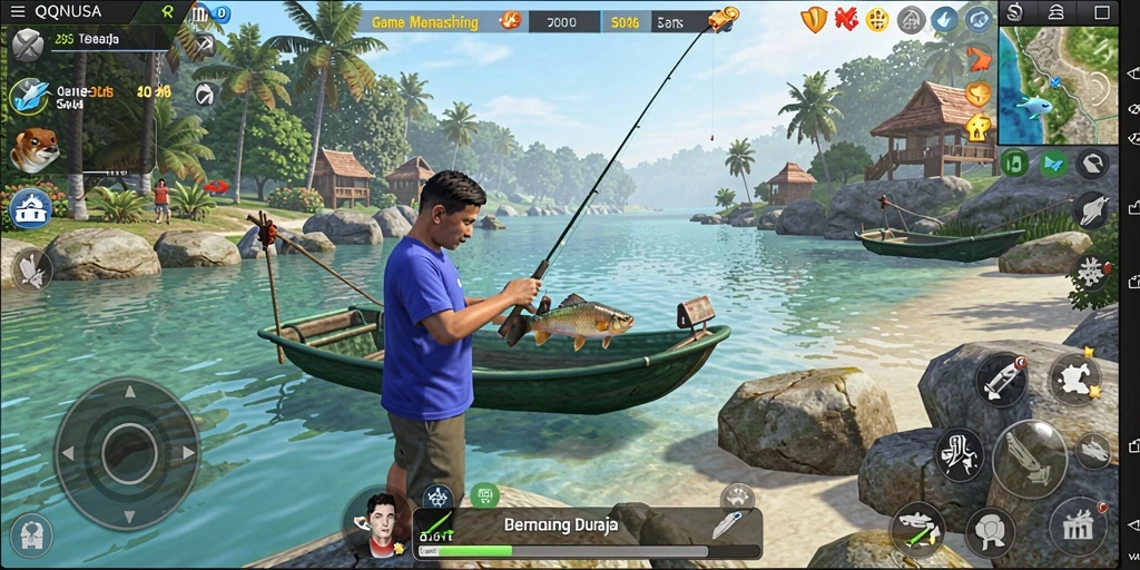 Screenshot gameplay QQNUSA yang menampilkan aksi memancing yang seru.
