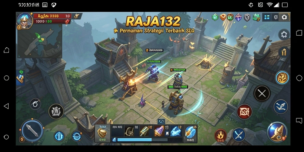 Screenshot gameplay RAJA132 yang menampilkan pembangunan kerajaan dan pertempuran.