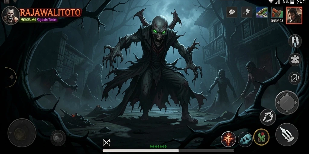 Screenshot gameplay RAJAWALITOTO menampilkan suasana kegelapan yang mencekam.